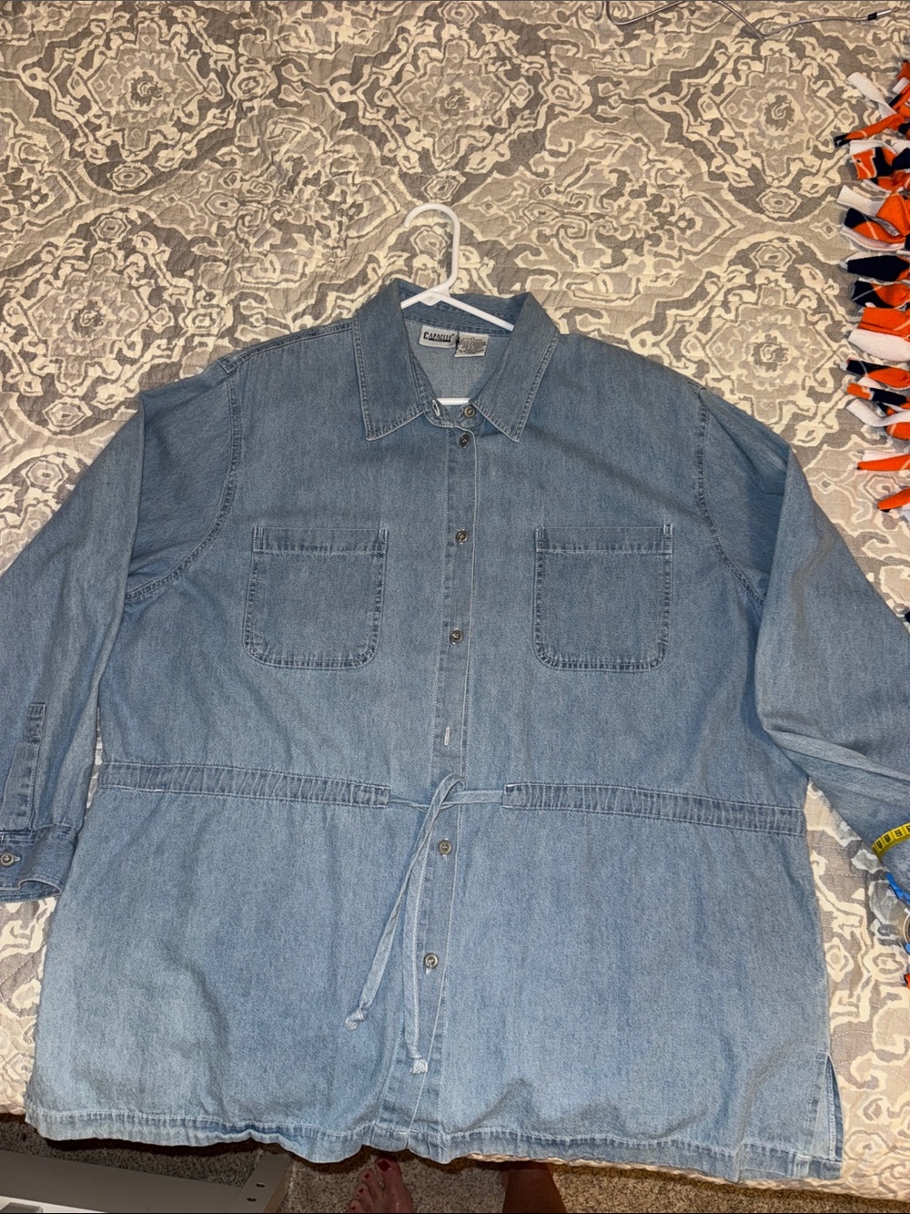 Capacity Light Blue Denim Drawstring Waist Long Sleeve Dress